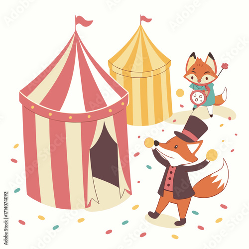 Whimsical cartoon foxes performing a juggling act in front of colorful striped circus tents with confetti scattered around