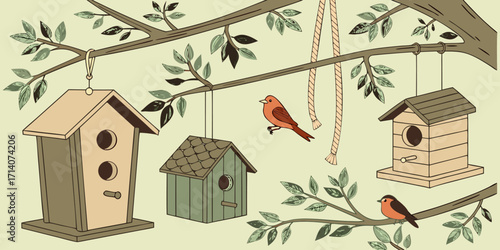 Create a realistic digital illustration featuring a variety of birdhouses and birds arranged in a visually pleasing layout. Include different styles of birdhouses—some hanging, some mounted on poles o