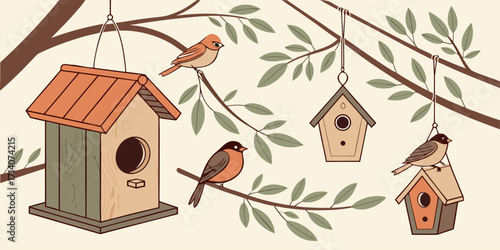 Create a realistic digital illustration featuring a variety of birdhouses and birds arranged in a visually pleasing layout. Include different styles of birdhouses—some hanging, some mounted on poles o