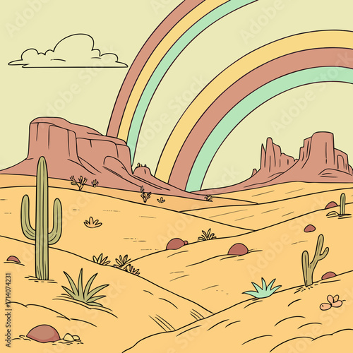 Whimsical desert landscape illustration with iconic mesas saguaro cacti sparse vegetation a single cloud and a retro style rainbow arching across a pale yellow sky