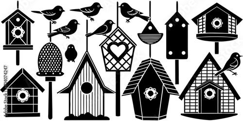 Create a realistic digital illustration featuring a variety of birdhouses and birds arranged in a visually pleasing layout. Include different styles of birdhouses—some hanging, some mounted on poles o