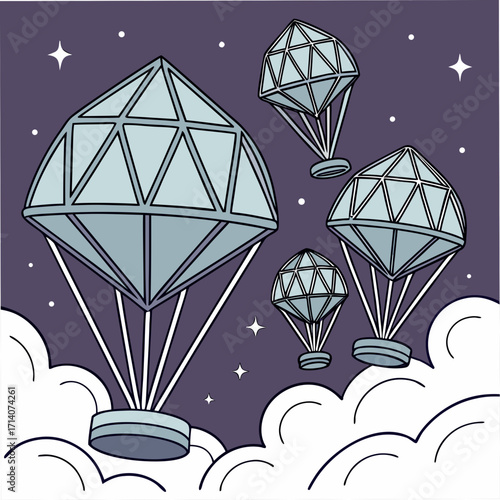 Whimsical diamond shaped hot air balloons float serenely through a starry night sky above soft white clouds