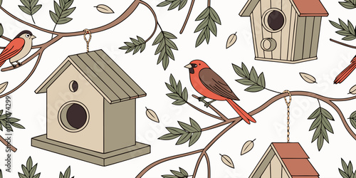 Create a realistic digital illustration featuring a variety of birdhouses and birds arranged in a visually pleasing layout. Include different styles of birdhouses—some hanging, some mounted on poles o