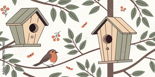 Create a realistic digital illustration featuring a variety of birdhouses and birds arranged in a visually pleasing layout. Include different styles of birdhouses—some hanging, some mounted on poles o