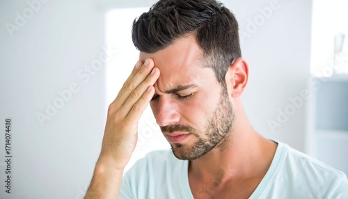 Upset man touching his forehead