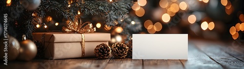 A festive Christmas gift box with a blank card sits under a decorated tree with warm bokeh lights and pine cones