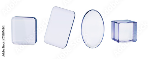 Transparent glass shapes set – high-resolution PNG with circular, oval, and square elements. Glass shapes in blue and clear tones. With place for text on transparent background. Style glassmorphism.