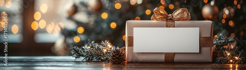 A beautifully wrapped festive Christmas gift box with a blank card and golden ribbon set against a bokeh background of holiday lights