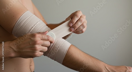 Man applying a compression bandage to his arm for support and recovery.
