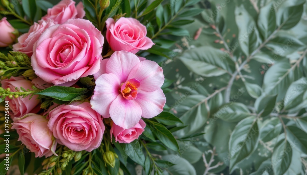 Fototapeta premium create a beautiful and vibrant floral arrangement featuring pink rose and tropical orchid flowers with green leaves, reminiscent of a nature inspired wedding backdrop