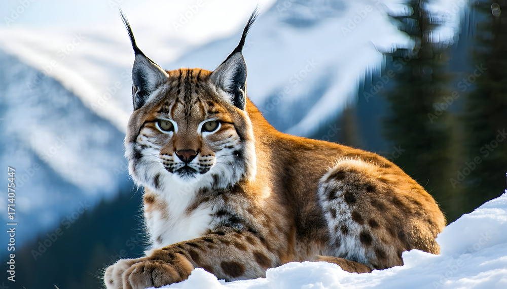 Obraz premium Alert Wildcat Lying in Snow, Amber Fur with Dark Spots in Mountain Landscape