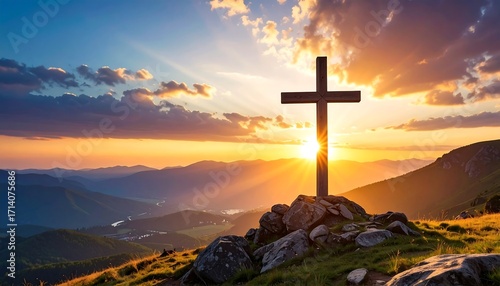 A wooden cross stands on a rocky peak, bathed in the golden rays of a vibrant sunrise, overlooking a scenic mountain range