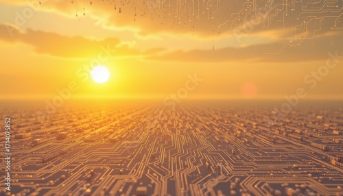 electronic circuit and personal data protection in a cybersecurity context, set against an empty background for photo use, warm ivory tones under a blazing sunset
