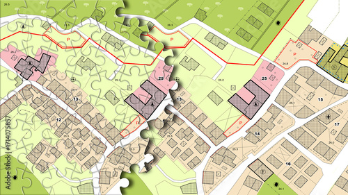 URBAN PUZZLE MAP CONCEPT OF PLANNING, STRATEGY AND CITY GROWTH - Metaphorical illustration for architecture design, teamwork, organization, real estate planning, urban connection