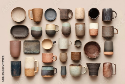 Flatlay of assorted ceramic tableware.  Various shapes, colors, and sizes of mugs, bowls, plates, and pitchers on a beige background.  Hand-crafted aesthetic