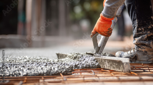Construction worker spreading fresh concrete on a rebar base with a screed tool