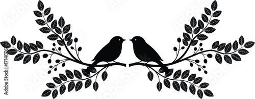 A symmetrical silhouette of two lovebirds perched on a leafy branch, a delicate and elegant vector illustration perfect for a wedding or nature theme.