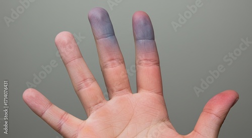 Close-up of a human hand with colorful ink stains on the fingertips or symptoms of disease