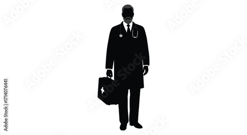 A silhouette of a doctor holding a medical case and stethoscope