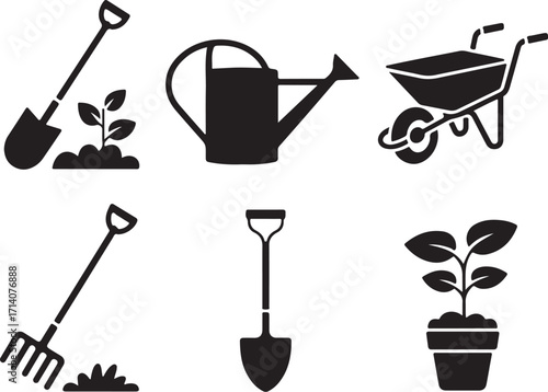 Garden tools and plants for cultivation and growth