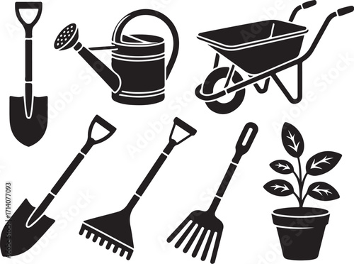 Gardening tools and plant icons for growth and projects