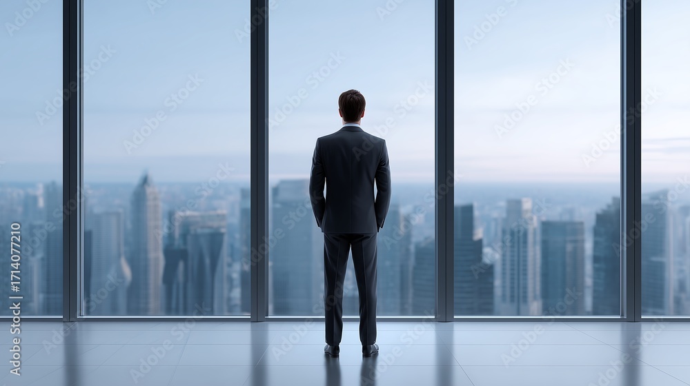 Fototapeta premium Man in suit looking out large office window at city skyline.