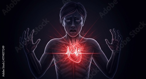 A distressed young male with a glowing heart illustration, evoking deep emotion.
