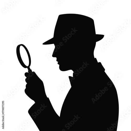 Silhouette of a detective in a hat examining with a magnifying glass