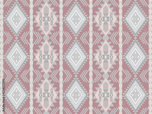 Seamless geometric tribal pattern uses soft pinks, greys and whites for a tribal yet contemporary feel. Perfect for upholstery, rugs, curtains, pillowcases and tablecloths.