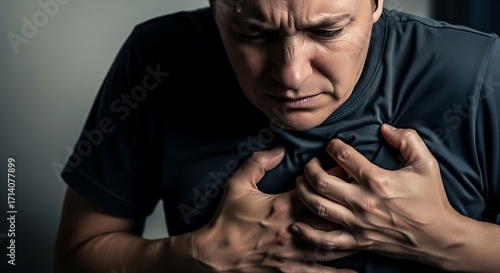A man clutches his chest in distress, his face contorted with pain, suggesting a medical emergency or severe emotional turmoil.