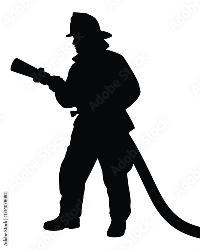 Silhouette of a firefighter holding a hose ready to spray water