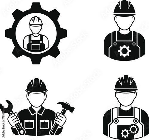  A set of four black and white vector icons representing construction workers, engineers, and industrial mechanics with gears and tools.