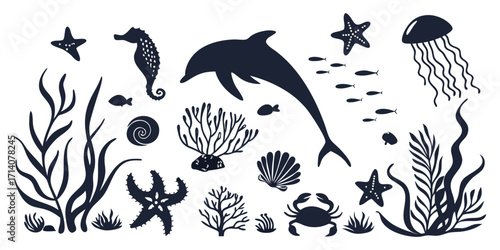 Black silhouette illustration of various marine life and ocean elements on a white background. Includes diverse sea creatures such as dolphins, seahorses, octopuses, jellyfish, starfish, crabs, fish, 