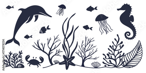 Black silhouette illustration of various marine life and ocean elements on a white background. Includes diverse sea creatures such as dolphins, seahorses, octopuses, jellyfish, starfish, crabs, fish, 