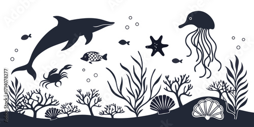 Black silhouette illustration of various marine life and ocean elements on a white background. Includes diverse sea creatures such as dolphins, seahorses, octopuses, jellyfish, starfish, crabs, fish, 