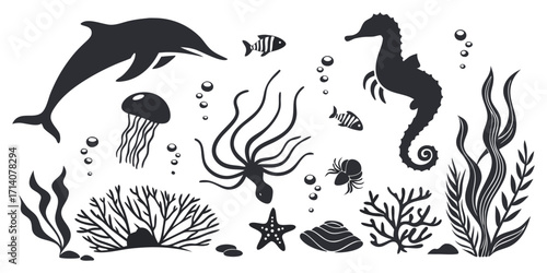Black silhouette illustration of various marine life and ocean elements on a white background. Includes diverse sea creatures such as dolphins, seahorses, octopuses, jellyfish, starfish, crabs, fish, 
