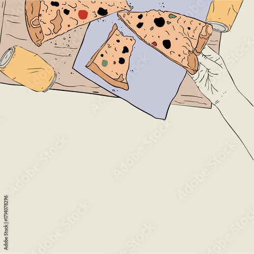 Pizza and Soda. A stylish vector illustration depicting a casual pizza gathering. A hand is seen picking up a cheesy slice of pizza from a wooden table, surrounded by more slices, crumbs, and soda can