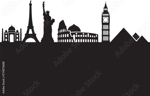 World landmarks silhouette travel adventure montage