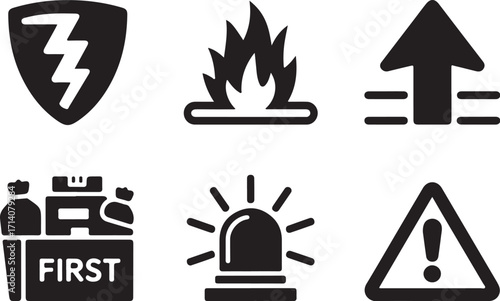 Emergency and safety icons alert, protect, evacuate, and warn