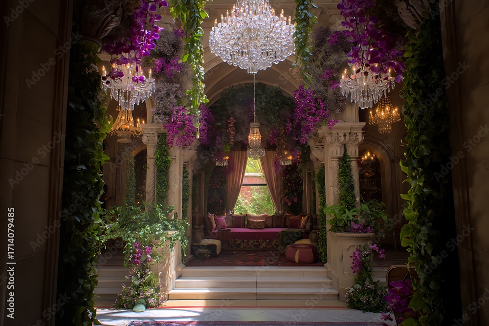 Fototapeta premium Opulent Hallway with Hanging Purple Orchids and Crystal Chandeliers Leading to a Secluded Lounge Area