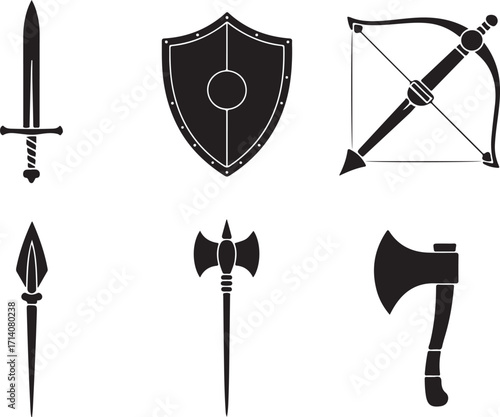Medieval weapons set sword shield axe bow spear battle