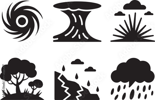 Natural disaster icons storm volcano landslide rain nature