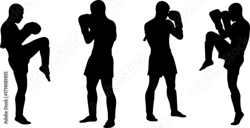 silhouette thai boxing postures black thai boxing shapes monochrome on white background
