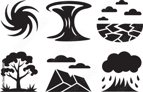 Natural disaster icons weather storm drought tree mountains