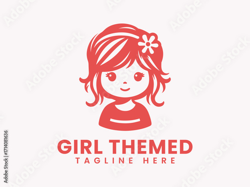 Cute Girl Logo with Red Hair and Flower.