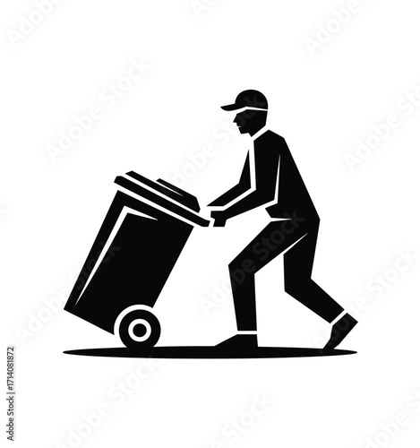 Sanitation worker pushing a wheeled trash bin