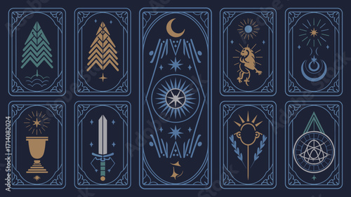 Vector tarot card deck with symbols on indigo background – Ideal for spiritual branding, astrology guides, or mystical content