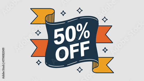 Flat vector illustration of curved banner with 50% off text – Great for sales, e-commerce campaigns, or special discount promotions