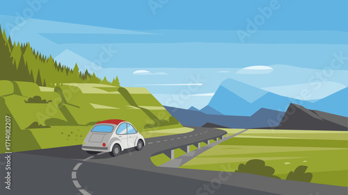 Minimal vector weekend getaway with car road and mountain scenery