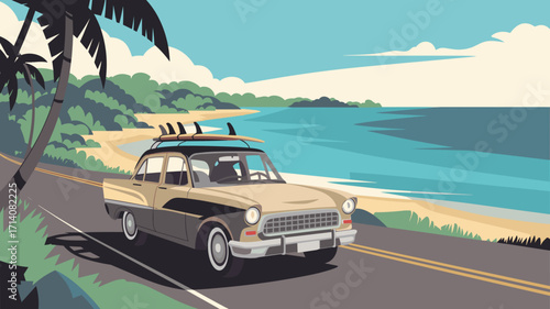 Minimalist vector weekend getaway with vintage car coastal road